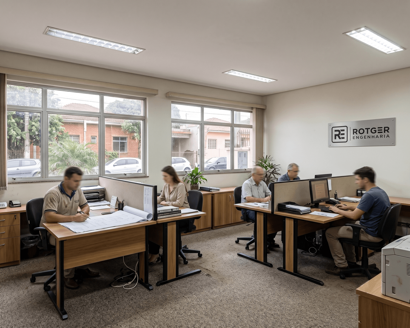 Equipe técnica no escritório da sede da Rotger Engenharia em Indaiatuba